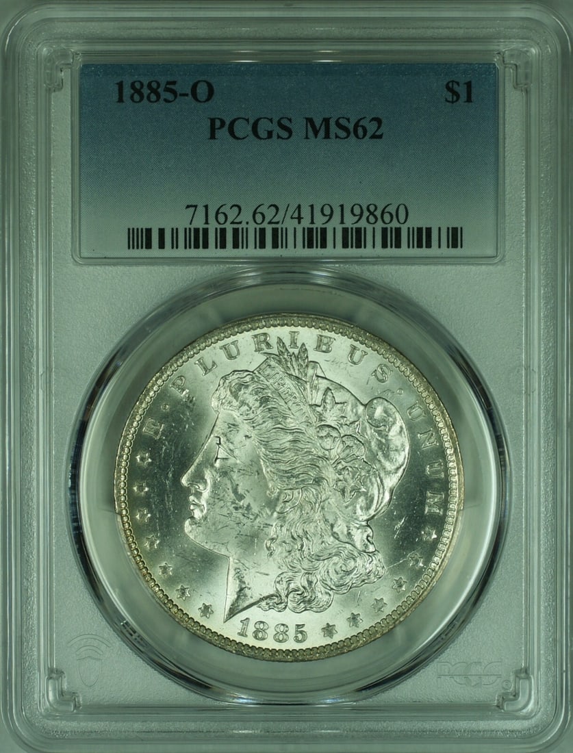 PCGS MS62 1885-O Morgan Dollar Uncirculated New Orleans Silver $1 Coin: PCGS MS62 1885-O Morgan Dollar Uncirculated New Orleans Silver $1 Coin This 1885-O Morgan Silver Dollar is graded MS-62 by PCGS. Minted in New Orleans, this coin is composed of silver and remains unci