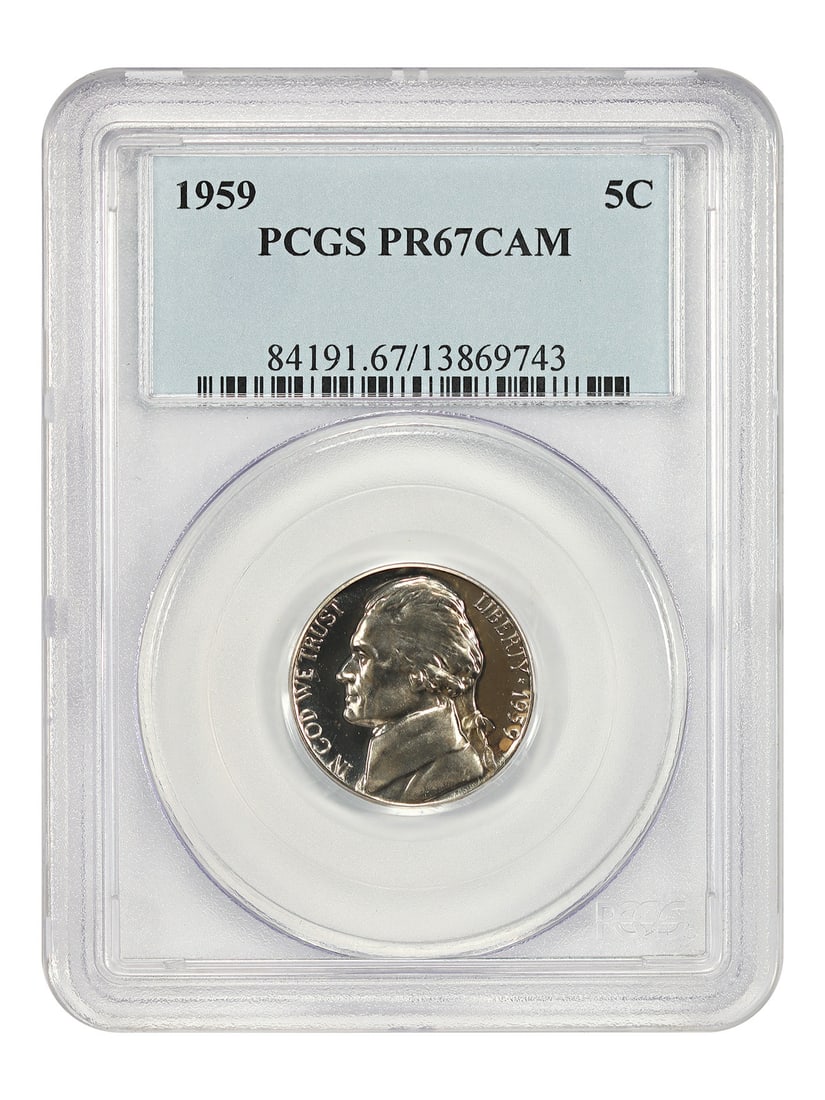 Jefferson Nickel 1959 Proof PCGS PR67CAM Philadelphia Five Cent Coin: Jefferson Nickel 1959 Proof PCGS PR67CAM Philadelphia Five Cent Coin This 1959 Jefferson Nickel has been graded PR67CAM by PCGS, indicating a proof strike with cameo contrast. The coin is uncirculated