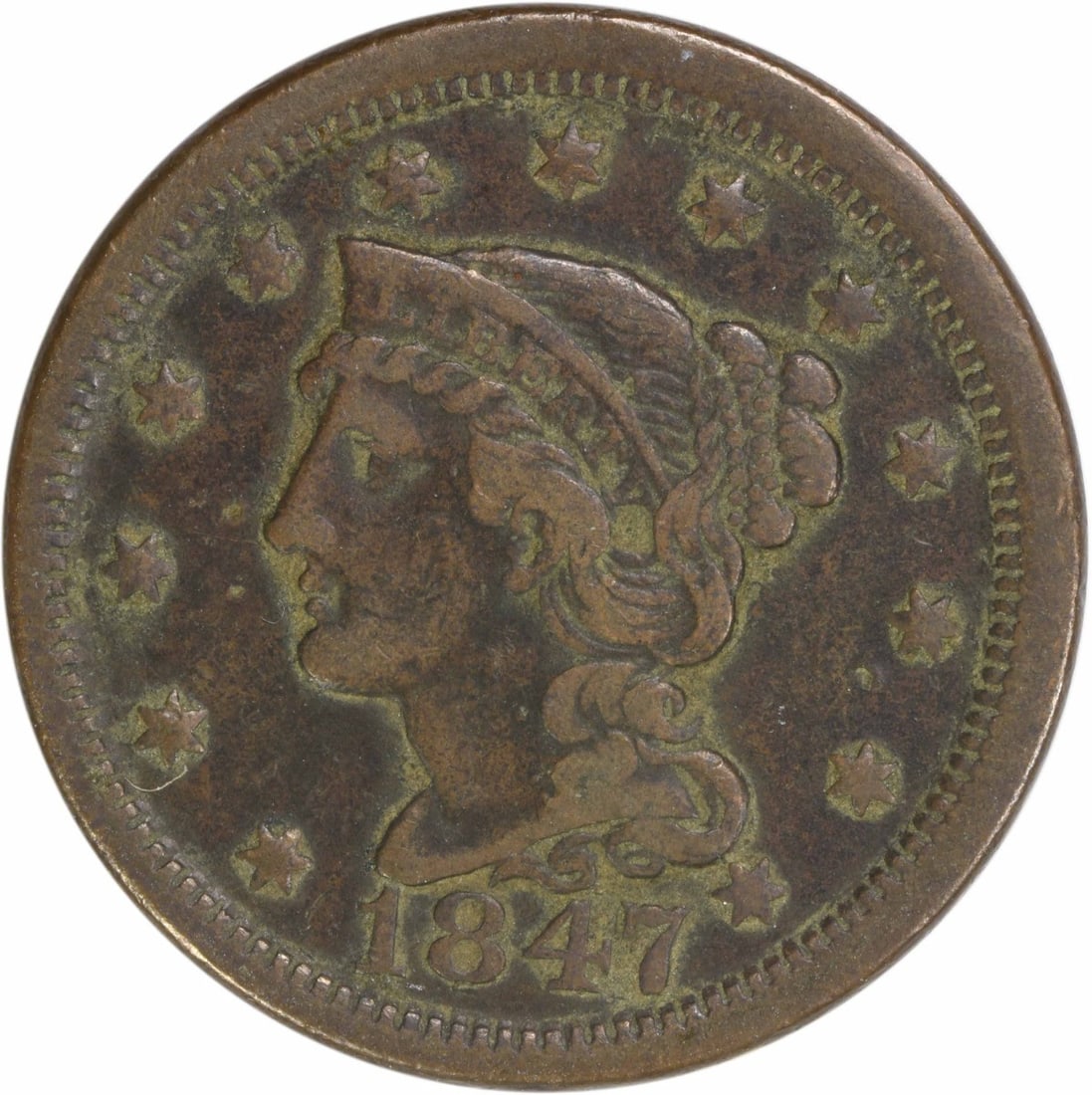 1847 Braided Hair Large Cent VF Uncertified Copper Coin: 1847 Braided Hair Large Cent VF Uncertified Copper Coin This 1847 Large Cent features a design by Christian Gobrecht, showcasing the iconic Braided Hair motif. Crafted from copper, this coin has a gra