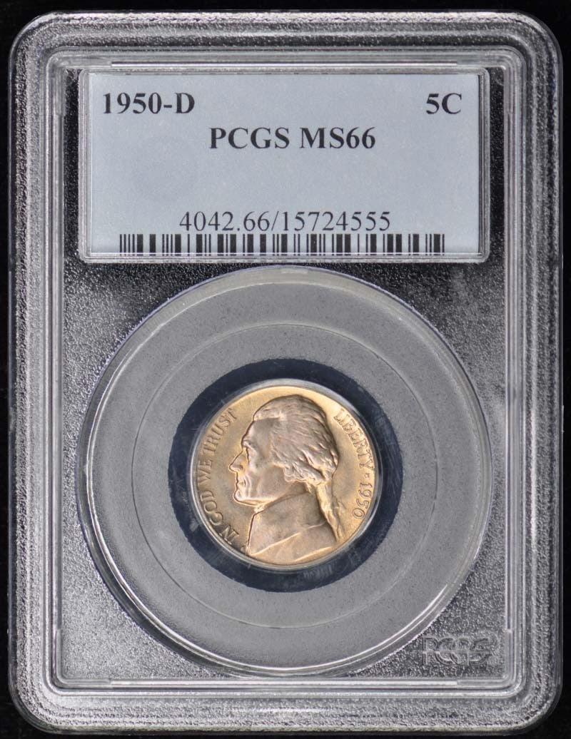 1950-D Jefferson Nickel PCGS MS66 Uncirculated Denver Mint: 1950-D Jefferson Nickel PCGS MS66 Uncirculated Denver Mint This is a 1950-D Jefferson Nickel, certified by PCGS with a grade of MS66, indicating it is in uncirculated condition. This nickel was minted