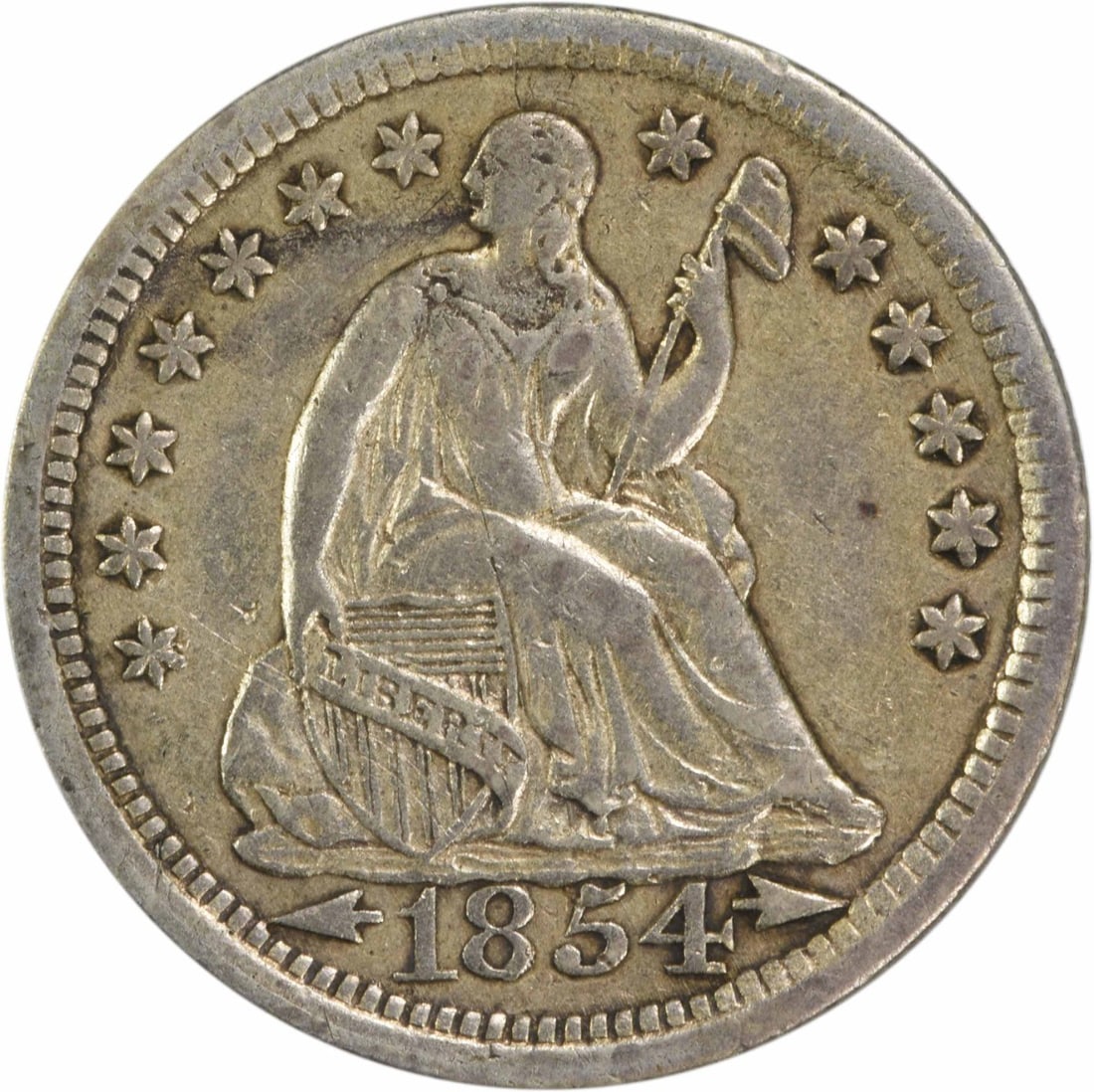 1854 Liberty Seated Half Dime 90% Silver Circulated Uncertified: 1854 Liberty Seated Half Dime 90% Silver Circulated Uncertified This 1854 Liberty Seated Silver Half Dime features exquisite craftsmanship and historical significance. Struck at the Philadelphia Mint,