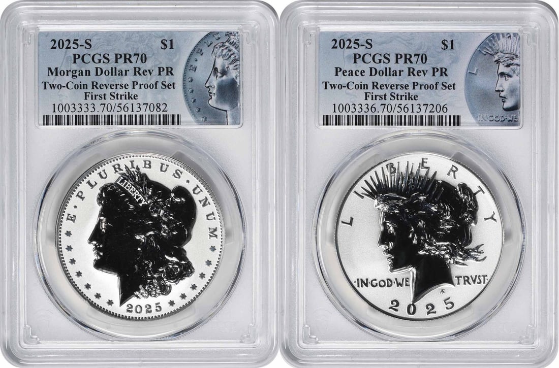 PCGS PR70 First Strike 2025-S Morgan Peace Silver Dollar Reverse Proof: PCGS PR70 First Strike 2025-S Morgan Peace Silver Dollar Reverse Proof This 2025-S Morgan and Peace Silver Dollar features a reverse proof strike and has been graded PR70 by PCGS, indicating a perfect