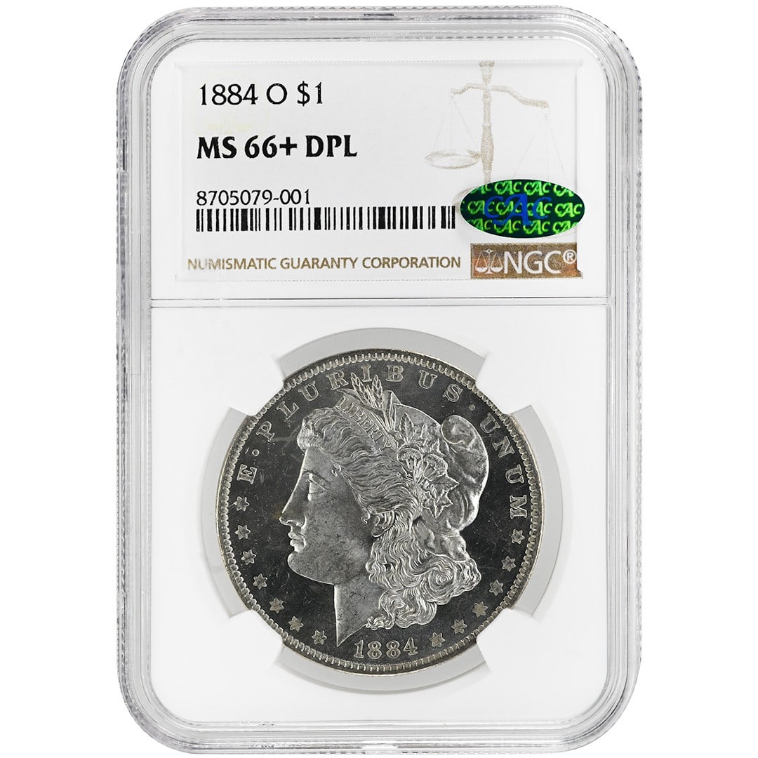 1884-O Morgan Dollar Silver NGC MS66+ DPL CAC: 1884-O Morgan Dollar Silver NGC MS66+ DPL CAC This 1884-O Morgan Dollar is a rare and highly graded example, certified by NGC and CAC. Struck in New Orleans, it features a deep proof-like (DPL) finish