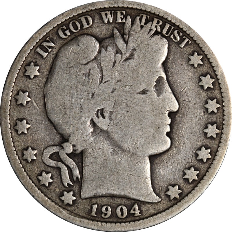 1904-O Silver Barber Half Dollar: 1904-O Silver Barber Half Dollar This is a 1904-O Barber Half Dollar from the United States. Composed of 90% silver, this coin is circulated and in pre-owned condition. The coin was minted in New Orle