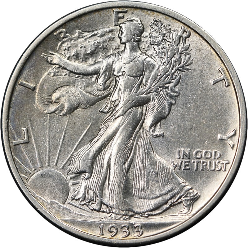 1933-S Walking Liberty Half Dollar Silver AU BU: 1933-S Walking Liberty Half Dollar Silver AU BU This 1933-S Walking Liberty Half Dollar features attractive eye appeal, strong luster, and a well-defined strike. The coin displays nice color and surfa