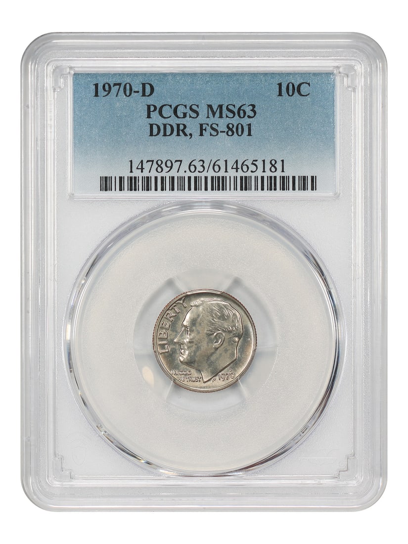 1970 Denver Roosevelt Dime PCGS MS63 DDR FS-801: 1970 Denver Roosevelt Dime PCGS MS63 DDR FS-801 This is a 1970-D Roosevelt Dime graded MS63 by PCGS. It features the DDR, FS-801 variety. The coin is uncirculated and was struck at the Denver Mint. It