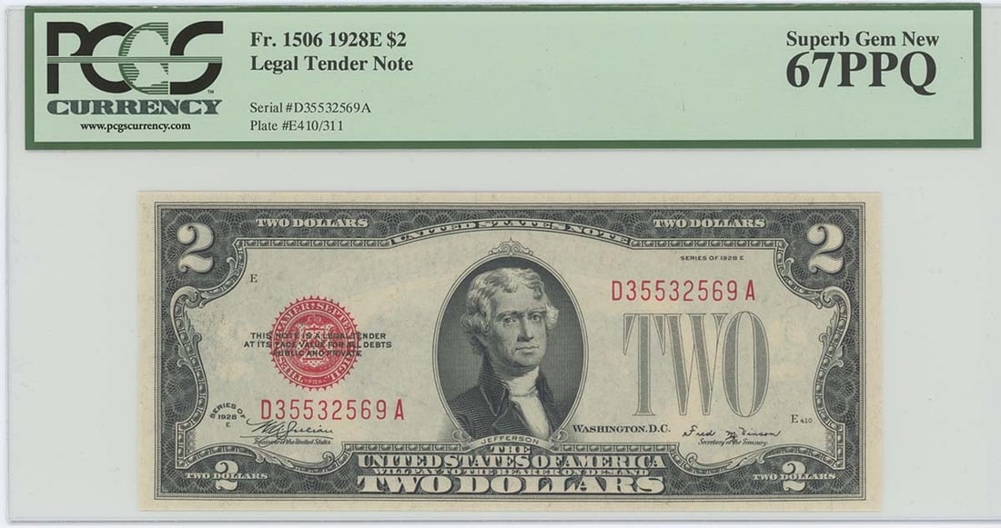 1928 $2 Legal Tender Note FR#1506 PCGS 67 PPQ Superb Gem: 1928 $2 Legal Tender Note FR#1506 PCGS 67 PPQ Superb Gem This 1928 $2 Legal Tender Note (FR#1506) is a remarkable piece of currency, graded as MS67 by PCGS Currency, ensuring its superb gem quality. T