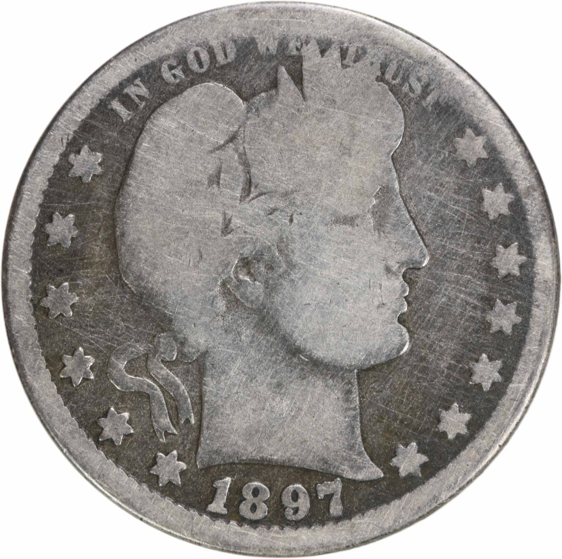 1897-O Barber Quarter 25C G Uncertified Silver Coin: 1897-O Barber Quarter 25C G Uncertified Silver Coin This 1897-O Barber Silver Quarter is a remarkable addition for any coin collector. Minted in New Orleans, this quarter features the iconic design by