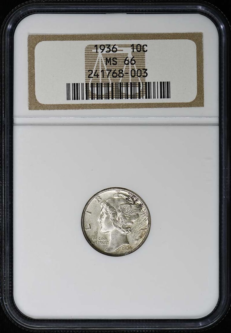1936 NGC MS66 Uncirculated Mercury Dime from Philadelphia: 1936 NGC MS66 Uncirculated Mercury Dime from Philadelphia This 1936 Mercury Dime is graded MS66 by NGC, indicating it is in uncirculated condition. Minted in Philadelphia, this coin represents the Mer