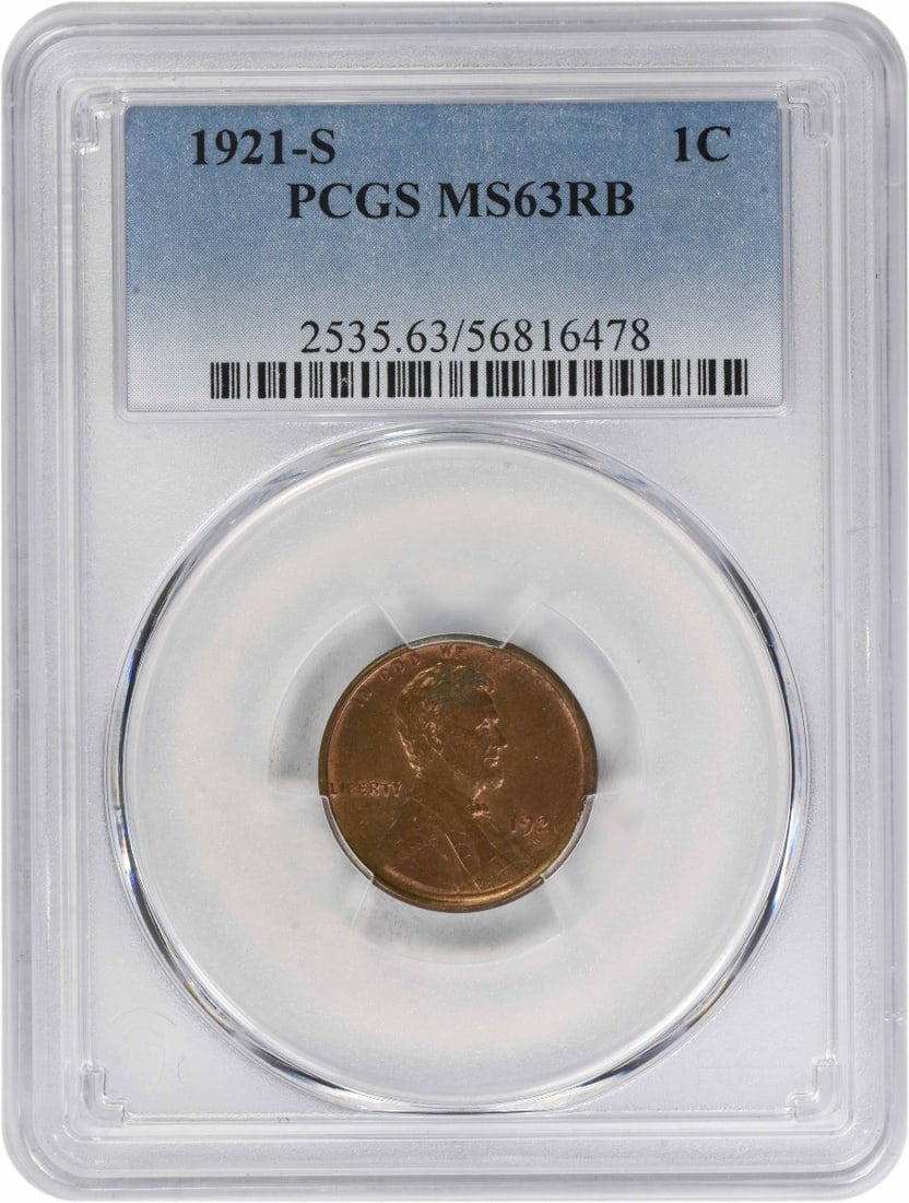 PCGS MS63 RB 1921 S Lincoln Wheat Copper One Cent Coin: PCGS MS63 RB 1921 S Lincoln Wheat Copper One Cent Coin This 1921-S Lincoln Wheat Cent is a pre-owned, uncirculated coin graded MS63RB by PCGS. It features a copper composition and was minted in San Fr