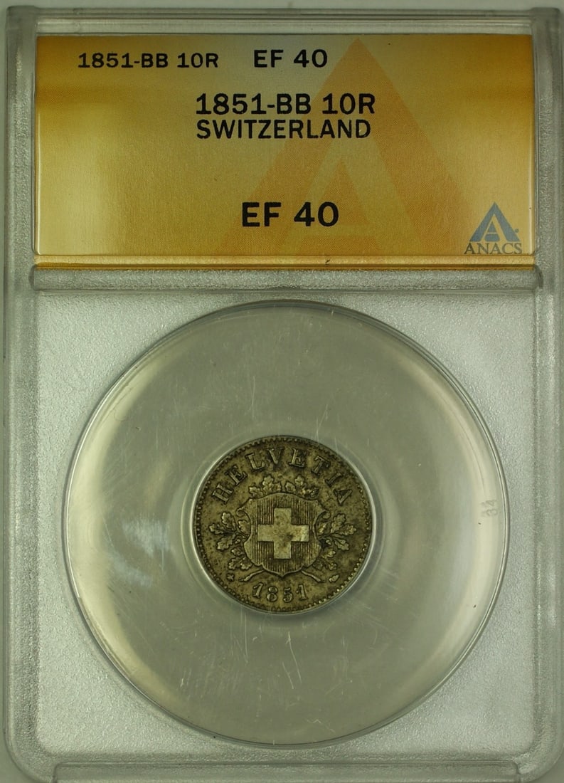 Swiss 1851-BB 10 Rappen Billon Coin ANACS EF 40 Certified: Swiss 1851-BB 10 Rappen Billon Coin ANACS EF 40 Certified This 1851-BB Switzerland 10 Rappen coin is certified by ANACS with a grade of EF-40. Struck in billon with a fineness of 0.10, this circulated