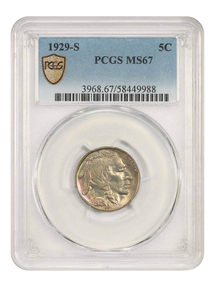 PCGS MS67 1929-S Buffalo 5C San Francisco Nickel: PCGS MS67 1929-S Buffalo 5C San Francisco Nickel This 1929 Buffalo Nickel, with a denomination of 5 cents, was minted in San Francisco and is graded MS67 by PCGS. The coin displays a sharp strike and 