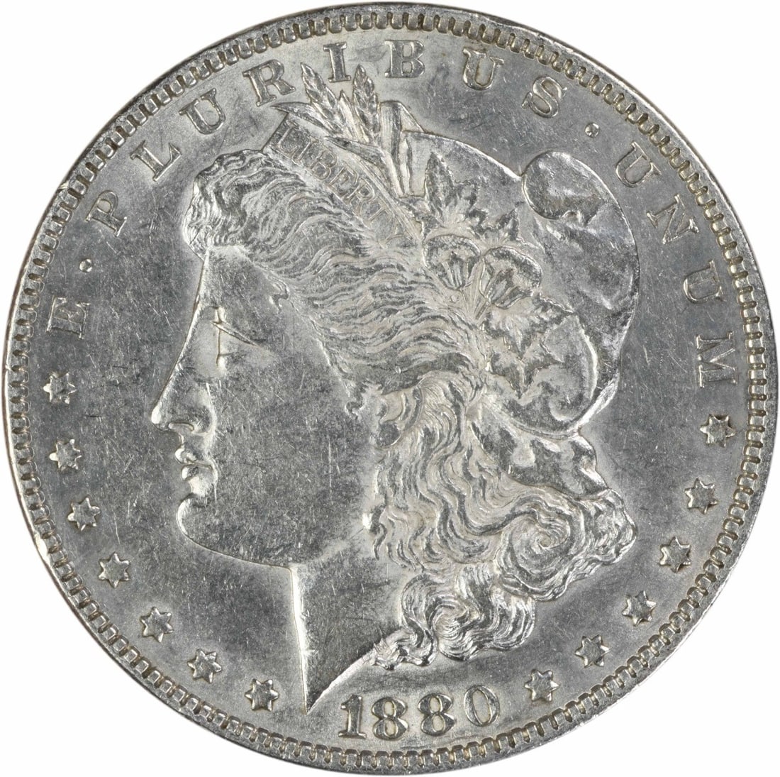 1880 Philadelphia Morgan Silver Dollar AU Uncertified: 1880 Philadelphia Morgan Silver Dollar AU Uncertified This 1880 Morgan Silver Dollar is an attractive example from the Philadelphia Mint, featuring a composition of 90% silver and 10% copper. Designed