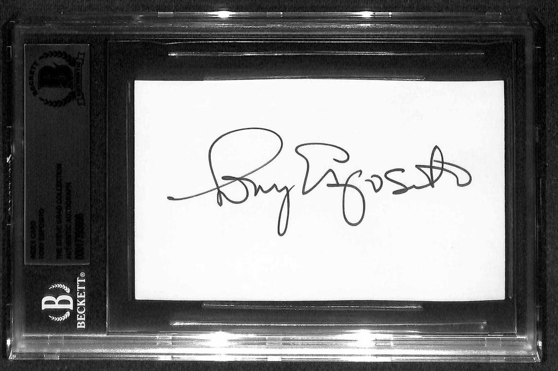 Beckett Slabbed Tony Esposito Autographed Index Card: Beckett Slabbed Tony Esposito Autographed Index Card This is an autographed index card signed by Tony Esposito, the renowned NHL goaltender. The autograph is encapsulated in a tamper-evident holder an