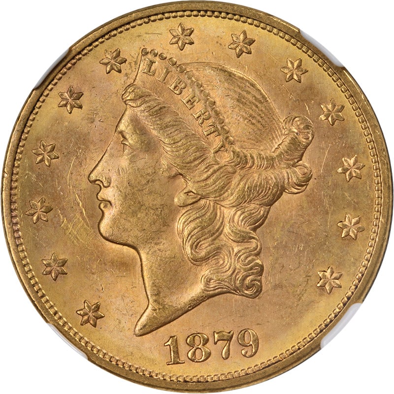 1879-S Liberty Gold $20 Coin NGC MS62 Eureka Collection Superb Appeal: 1879-S Liberty Gold $20 Coin NGC MS62 Eureka Collection Superb Appeal This exquisite 1879-S Liberty Gold $20 coin is a remarkable addition for any collector. Certified by NGC as MS62, this uncirculate