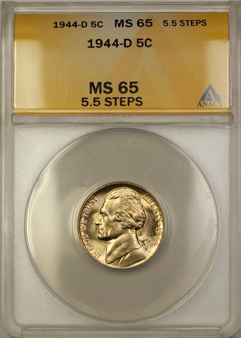 ANACS MS-65 1944-D Jefferson 5c Silver Nickel With 5.5 Steps Detail: ANACS MS-65 1944-D Jefferson 5c Silver Nickel With 5.5 Steps Detail This is a 1944-D Wartime Silver Jefferson Nickel 5 cent coin from the United States, minted in Denver. The coin is certified by ANAC