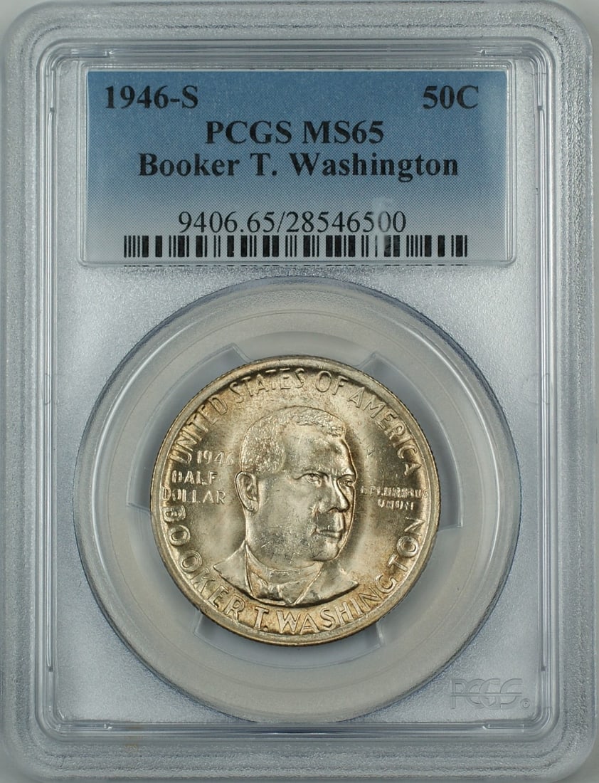 PCGS MS-65 1946-S Silver Half Dollar Booker T. Washington Light Toning: PCGS MS-65 1946-S Silver Half Dollar Booker T. Washington Light Toning This 1946-S Booker T. Washington half dollar is a silver commemorative coin graded MS-65 by PCGS. It is uncirculated and features