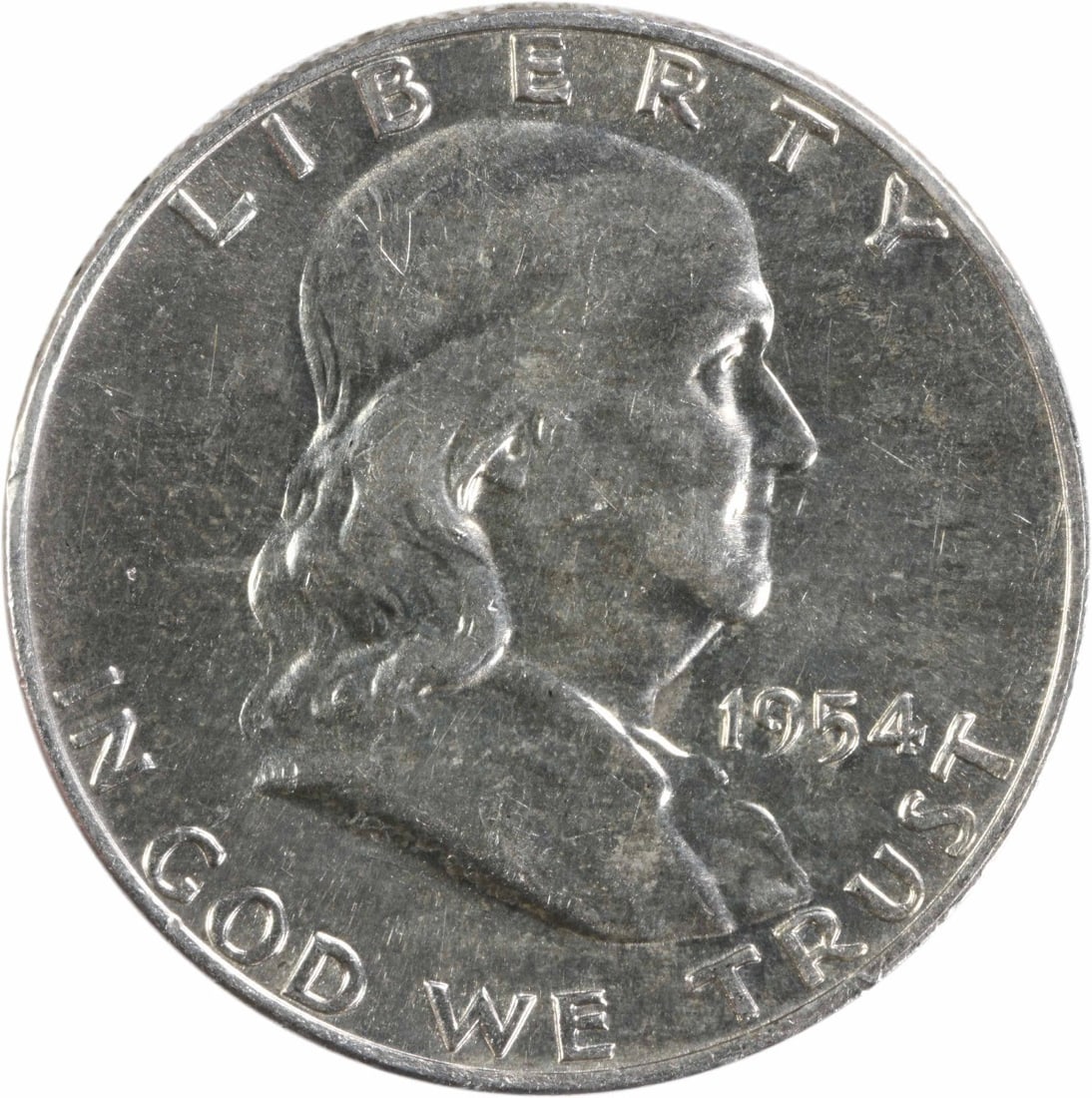 1954 Denver Franklin 50C Silver Half Dollar AU Grade Uncertified: 1954 Denver Franklin 50C Silver Half Dollar AU Grade Uncertified This is a 1954-D Franklin Half Dollar from the Denver Mint. The coin is circulated and has an About Uncirculated (AU) grade. It is comp