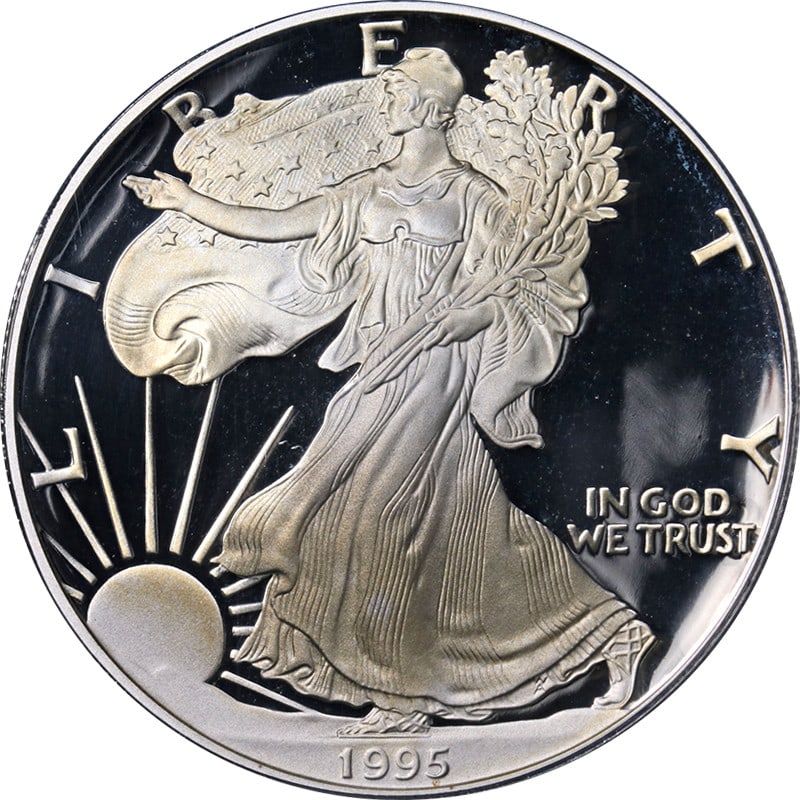 1995-P Silver American Eagle $1 PCGS PR69 DCAM Coin: 1995-P Silver American Eagle $1 PCGS PR69 DCAM Coin This 1995-P Silver American Eagle features a stunning design with exceptional luster and a strong strike. It is certified by PCGS with a grade of PR