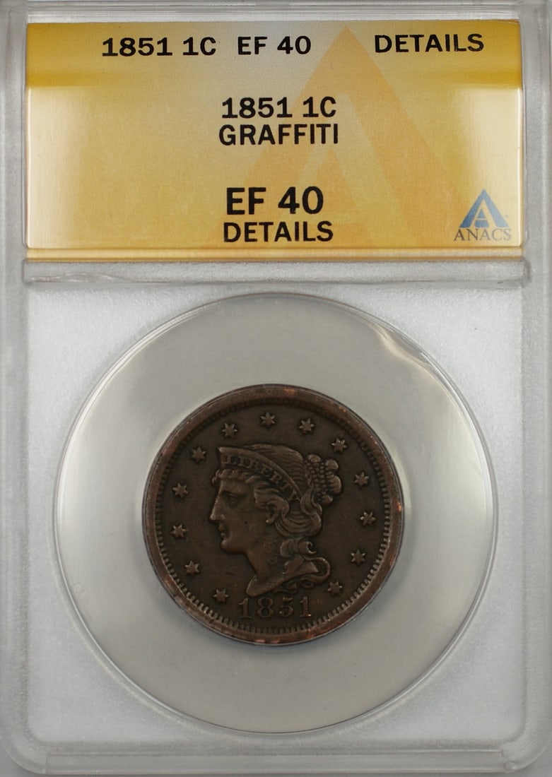 1851 Braided Hair Copper Large Cent ANACS EF-40 Details Graffiti: 1851 Braided Hair Copper Large Cent ANACS EF-40 Details Graffiti This is an 1851 Braided Hair Large Cent, certified by ANACS with a grade of EF-40 Details. The coin is composed of copper and was minte