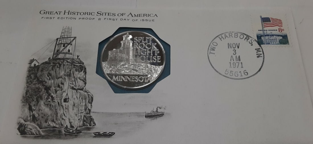 Proof Sterling Silver Split Rock Lighthouse Medal by Franklin Mint in First Day Cover: Proof Sterling Silver Split Rock Lighthouse Medal by Franklin Mint in First Day Cover This is a 1971 Split Rock Lighthouse Minnesota Great Historic Sites commemorative medal produced by Franklin Mint.
