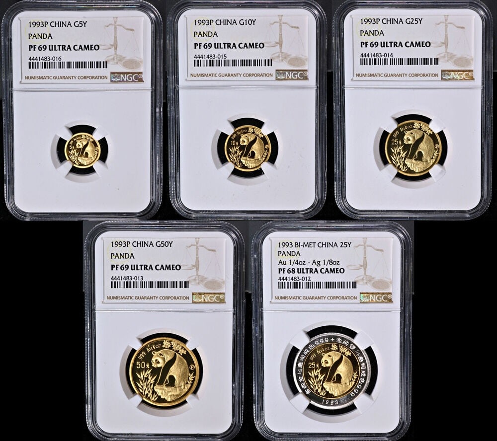 1993-P China Gold Bi-Metallic Panda 5 Coin Proof Set NGC PF69 Ultra Cameo: 1993-P China Gold Bi-Metallic Panda 5 Coin Proof Set NGC PF69 Ultra Cameo This remarkable 1993-P China Gold & Bi-Metallic Panda 5 Coin Proof Set showcases a stunning collection with exceptional eye ap