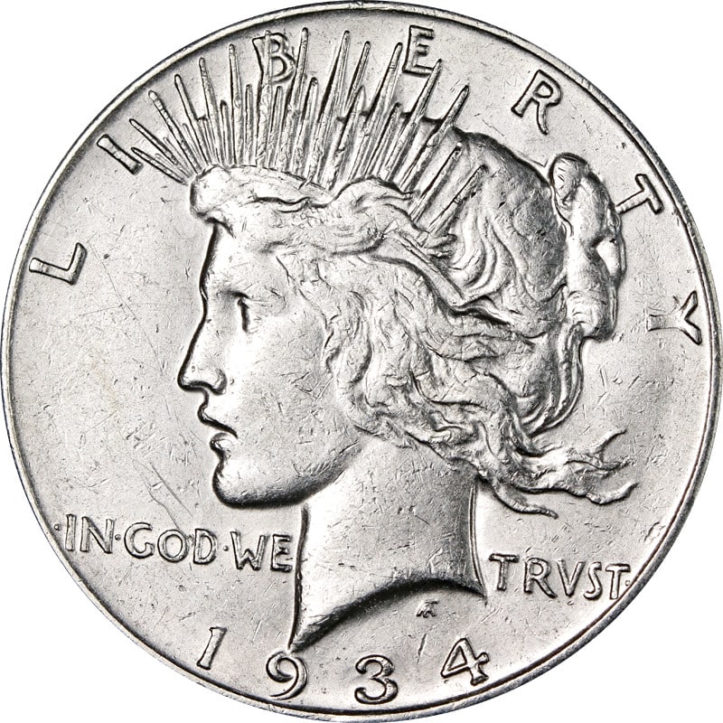 United States 1934 San Francisco Silver Peace Dollar Coin: United States 1934 San Francisco Silver Peace Dollar Coin This 1934-S Peace Dollar is a circulated silver coin from the United States, minted in San Francisco. The coin has a fineness of 0.9 and is pr