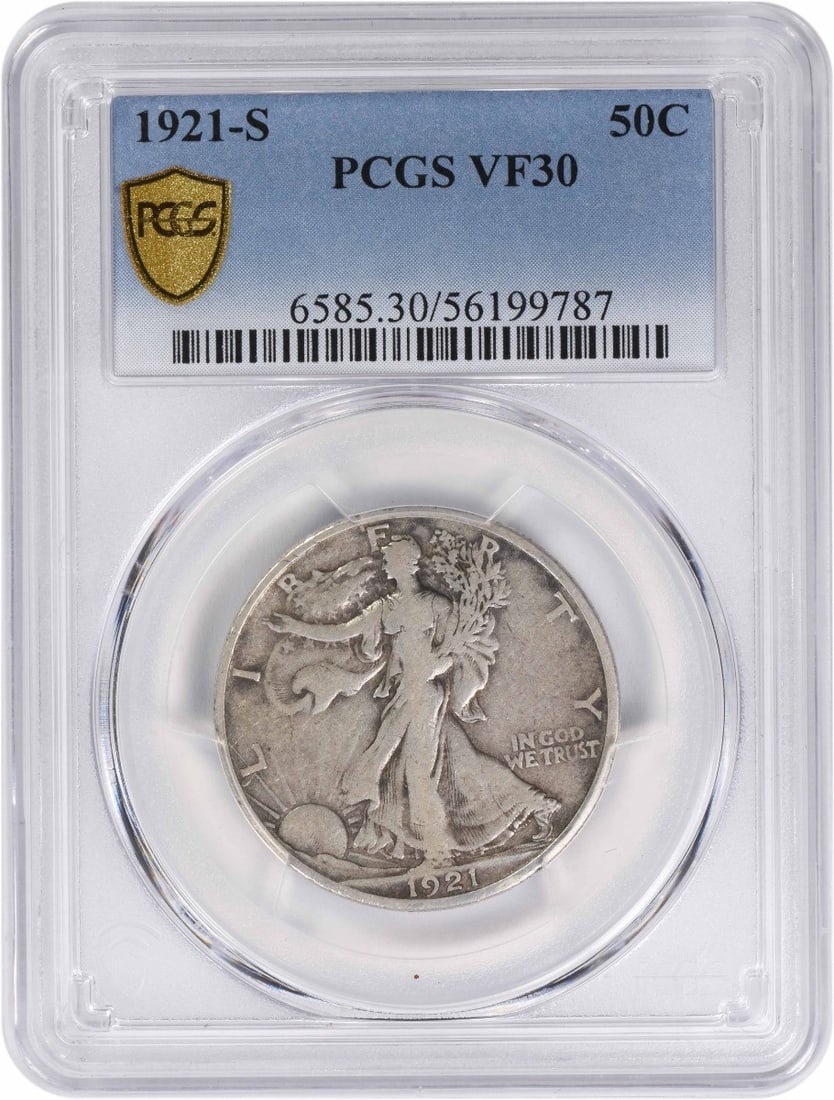 VF30 1921 San Francisco Walking Liberty Half Dollar PCGS Certified: VF30 1921 San Francisco Walking Liberty Half Dollar PCGS Certified This is a 1921-S Walking Liberty Half Dollar graded VF30 by PCGS. Struck at the San Francisco Mint, this circulated coin features the