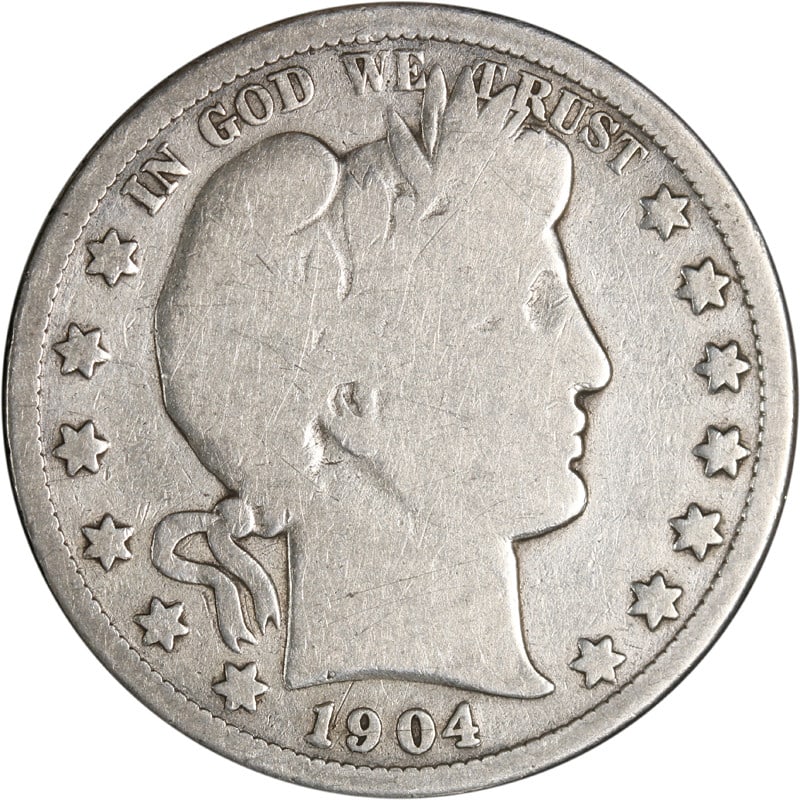 San Francisco Minted 1904 Silver Barber Half Dollar Coin: San Francisco Minted 1904 Silver Barber Half Dollar Coin This is a 1904-S Barber Half Dollar minted in San Francisco. The coin is composed of silver and is in circulated, pre-owned condition. It is un