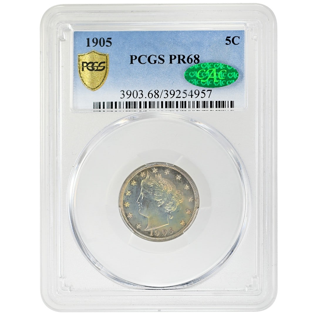 1905 Liberty Nickel Proof PCGS PR68 CAC: 1905 Liberty Nickel Proof PCGS PR68 CAC This 1905 Liberty Nickel is a rare proof coin graded PR68 by PCGS and approved by CAC. Struck in Philadelphia, it is composed of silver and is uncirculated. Onl