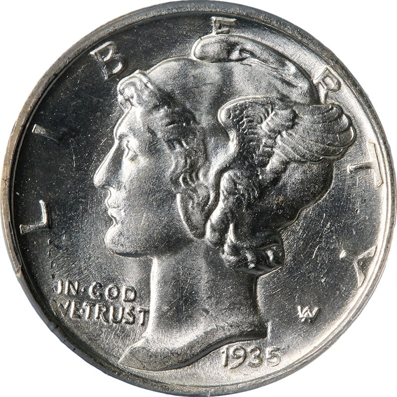 ANACS MS64 FSB 1935-D Silver Mercury Dime Uncirculated: ANACS MS64 FSB 1935-D Silver Mercury Dime Uncirculated This 1935-D Mercury Dime is certified by ANACS with a grade of MS64 FSB. Featuring strong strike, excellent luster, and attractive surfaces, this
