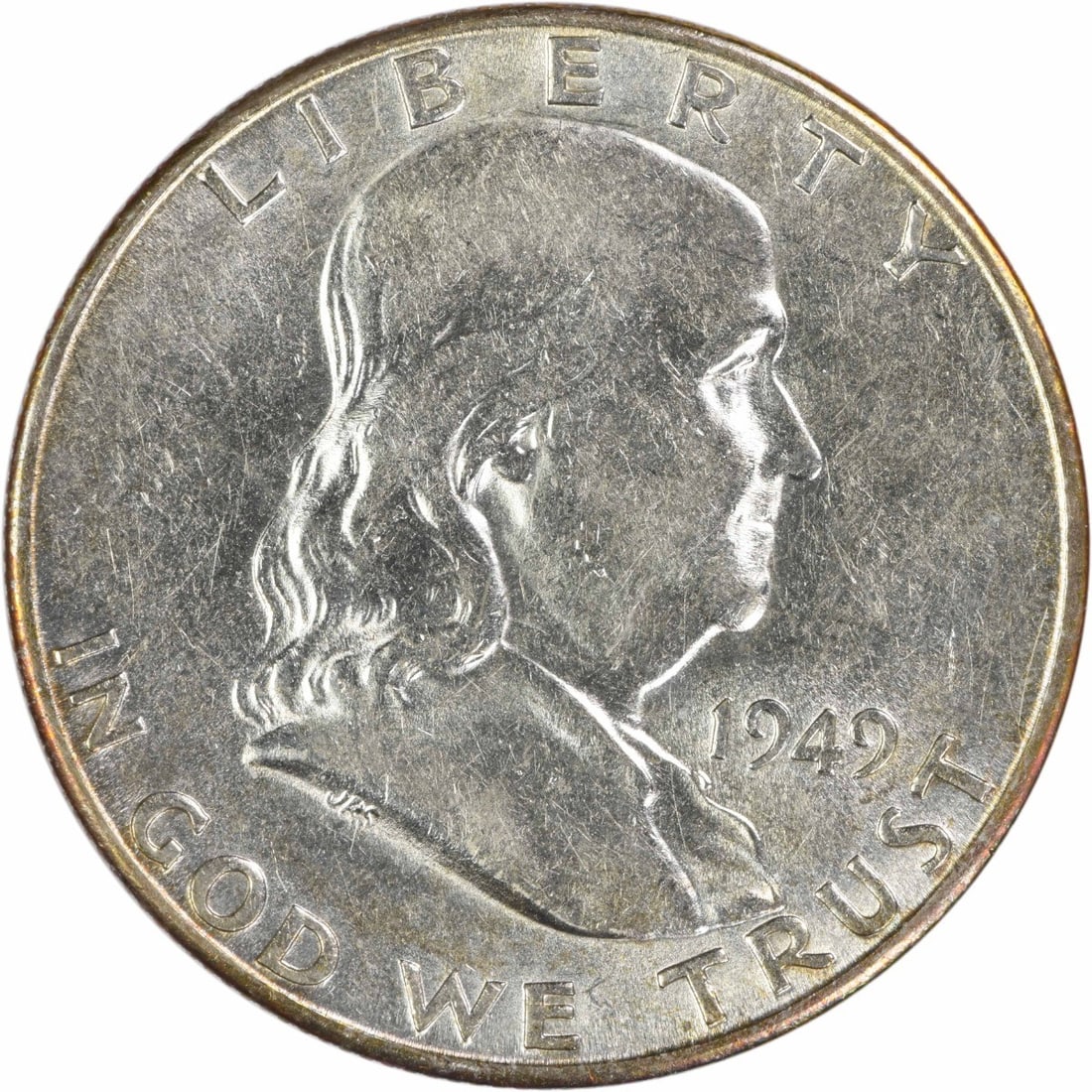 1949-S Franklin 50C San Francisco Mint AU Uncertified Silver Half Dollar: 1949-S Franklin 50C San Francisco Mint AU Uncertified Silver Half Dollar This 1949 Franklin Half Dollar was minted in San Francisco and is composed of 90% silver and 10% copper. The coin features the 