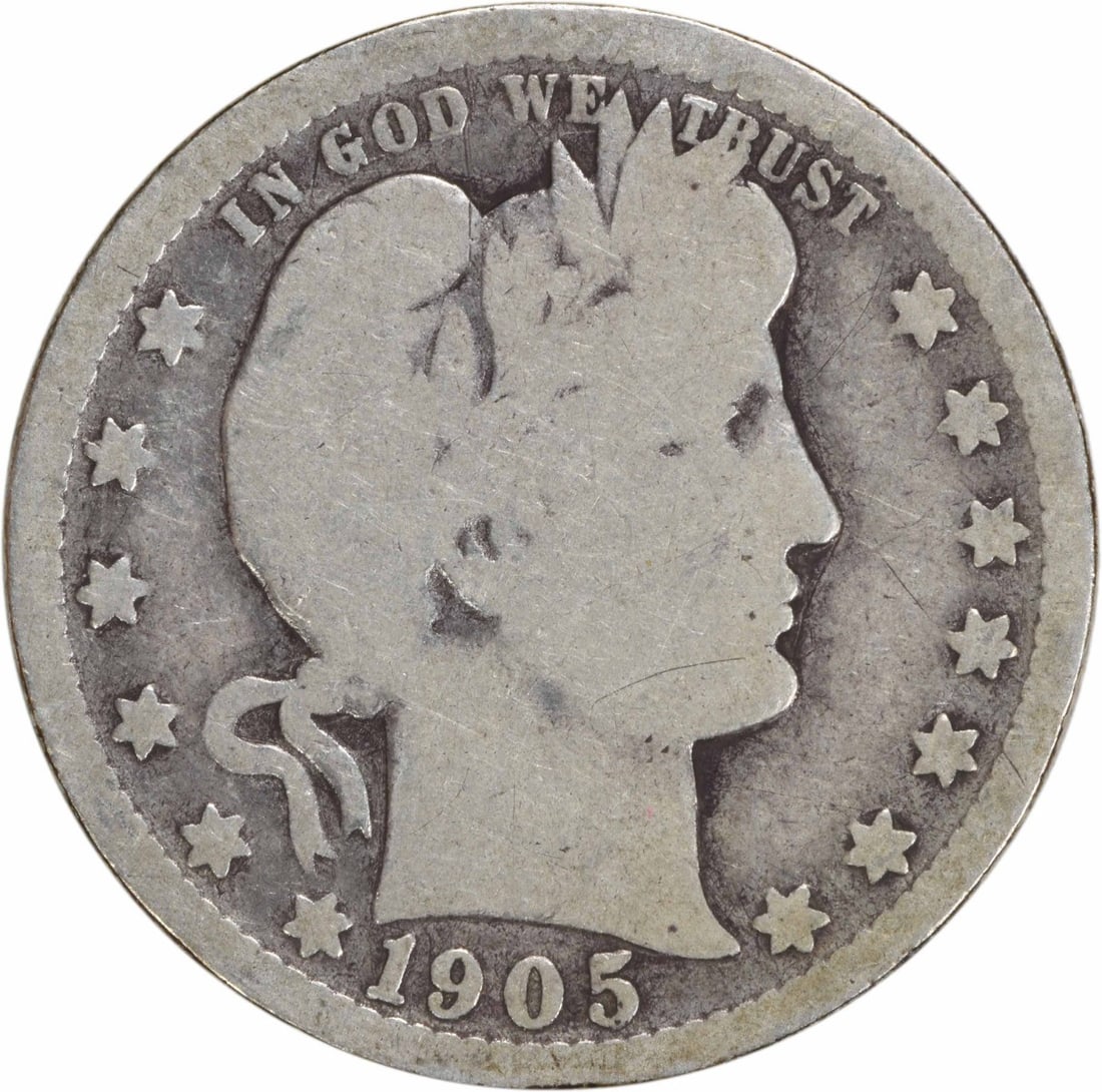 1905-O Barber Quarter 25C Silver Coin Uncertified: 1905-O Barber Quarter 25C Silver Coin Uncertified This 1905-O Barber Silver Quarter, featuring the iconic design by Charles E. Barber, is a notable piece of numismatic history. Struck in the New Orlea