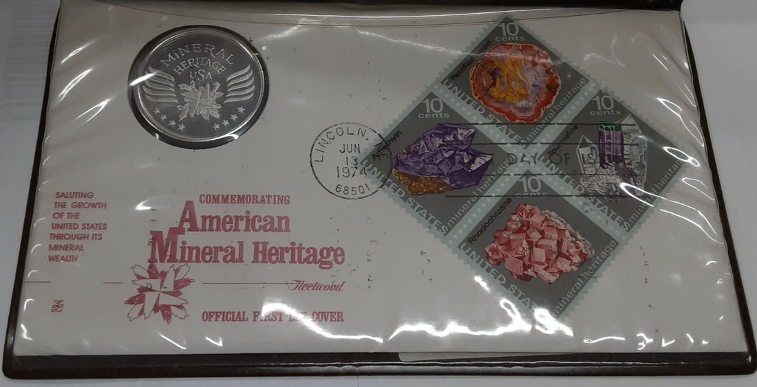 American Mineral Heritage 1974 Silver Proof Medal First Day Cover with Stamps: American Mineral Heritage 1974 Silver Proof Medal First Day Cover with Stamps This 1974 American Mineral Heritage Commemorative Silver Proof Medal is presented on a First Day Cover with stamps. Produc