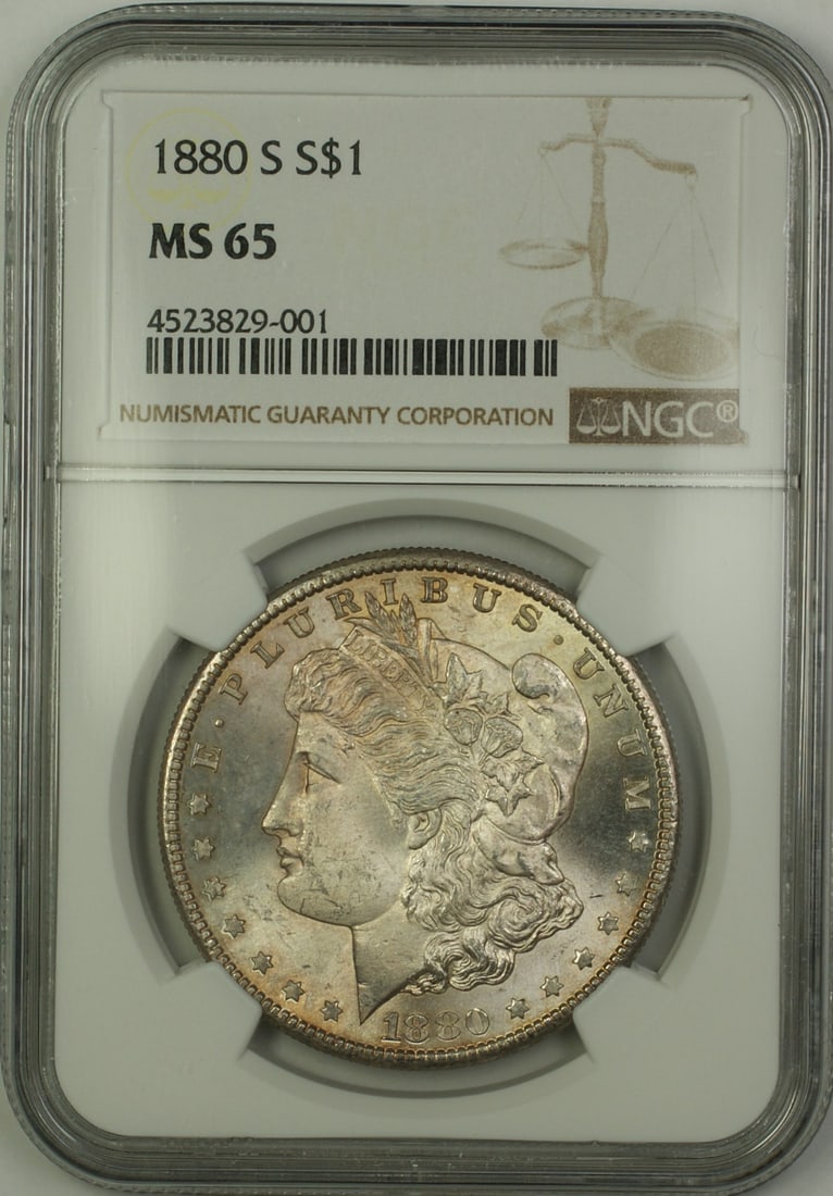 NGC MS 65 1880 San Francisco Morgan Dollar Silver Toned $1 Coin: NGC MS 65 1880 San Francisco Morgan Dollar Silver Toned $1 Coin This 1880-S Morgan Silver Dollar is a collectible $1 coin from the United States, minted in San Francisco. It is composed of silver and 