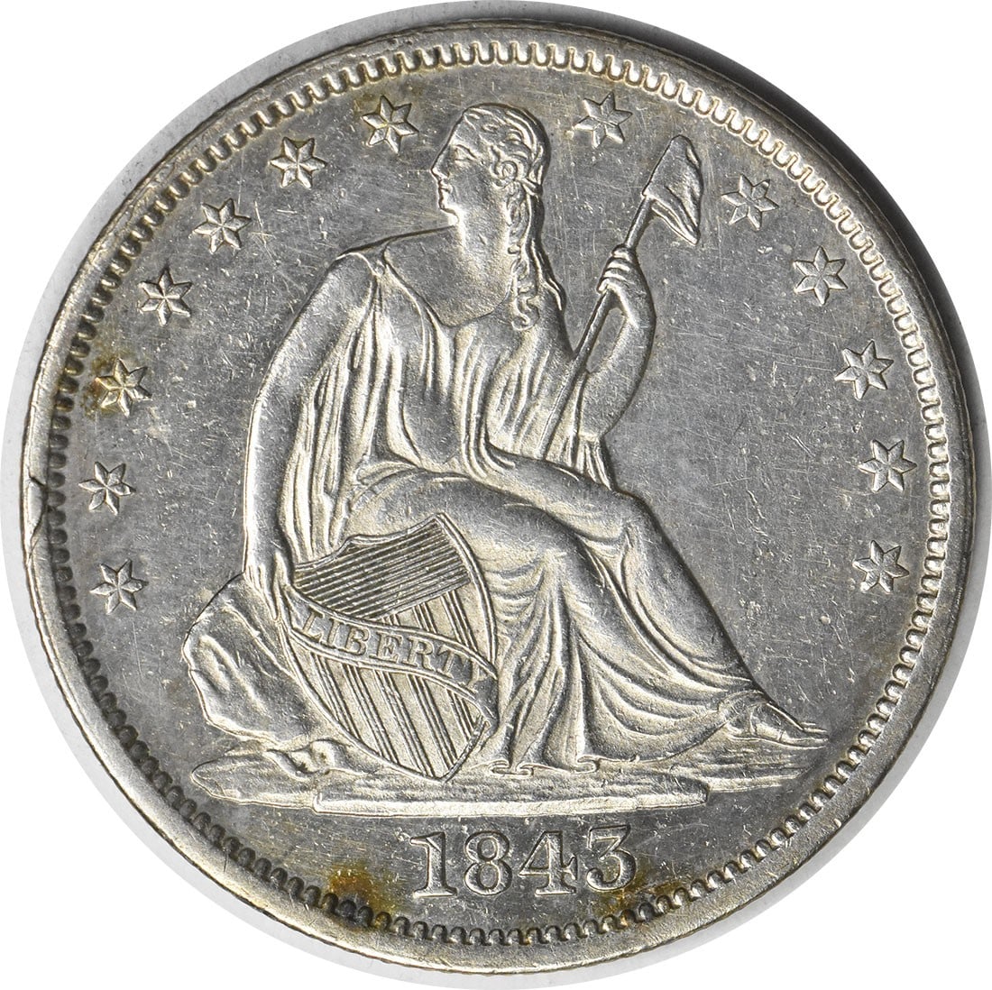Seated Liberty 1843-O Half Dollar AU New Orleans Uncertified Coin: Seated Liberty 1843-O Half Dollar AU New Orleans Uncertified Coin This 1843-O Liberty Seated Half Dollar is an attractive example of early American coinage. Struck in New Orleans, it features the Seat