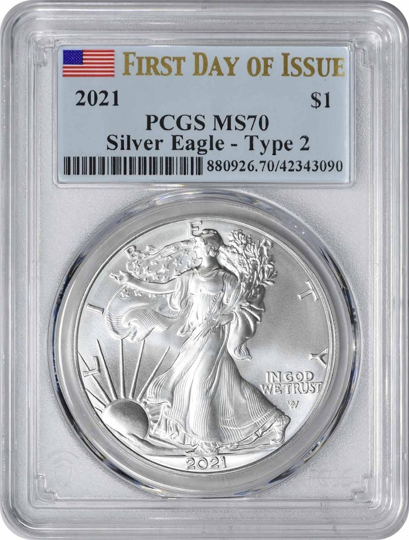 PCGS MS70 2021 American Silver Eagle Type 2 First Day of Issue: PCGS MS70 2021 American Silver Eagle Type 2 First Day of Issue This 2021 $1 American Silver Eagle Type 2 coin is graded MS70 by PCGS and designated as a First Day of Issue. Struck at the U.S. Mint, it