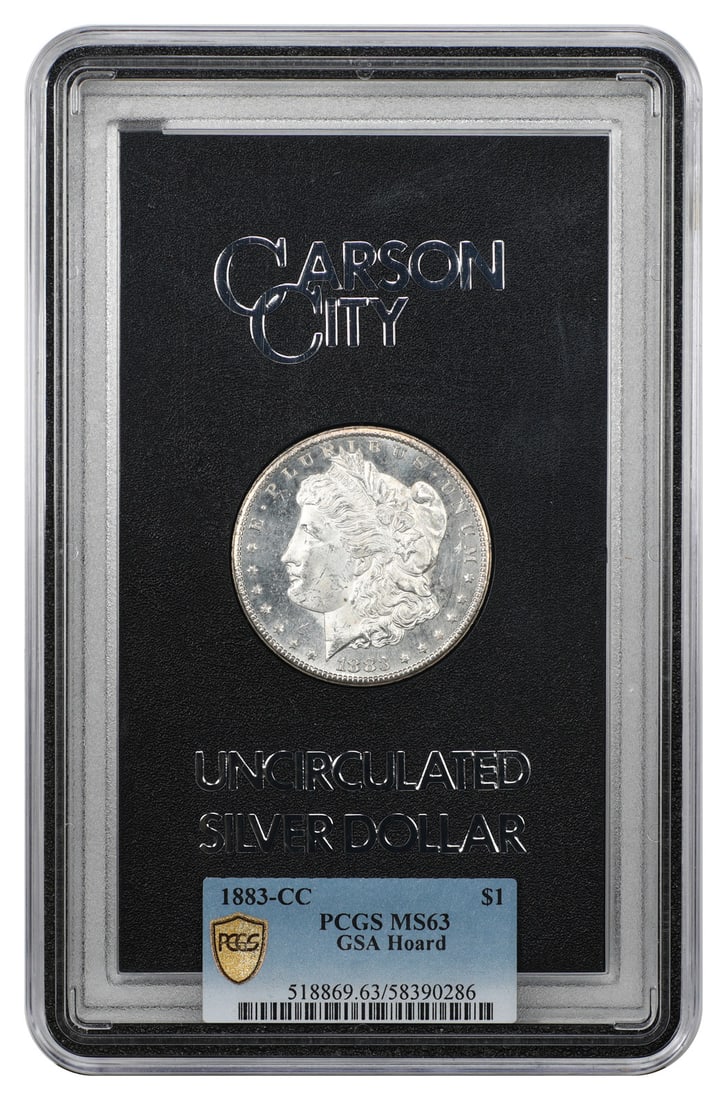 1883 Carson City Morgan Dollar PCGS MS63: 1883 Carson City Morgan Dollar PCGS MS63 This is an 1883-CC Morgan Dollar graded MS63 by PCGS. The coin is uncirculated and originates from the Carson City Mint. It is part of the Morgan Dollar series