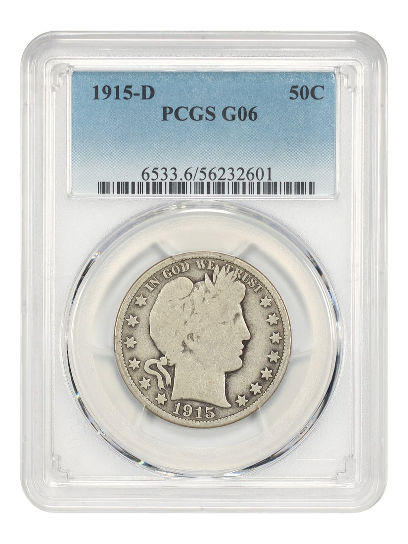 PCGS Good 06 1915-D Barber Half Dollar 50C: PCGS Good 06 1915-D Barber Half Dollar 50C This is a 1915 Barber Half Dollar, minted in Denver and certified by PCGS with a grade of Good 06. The coin features the classic Barber design and is a pre-o