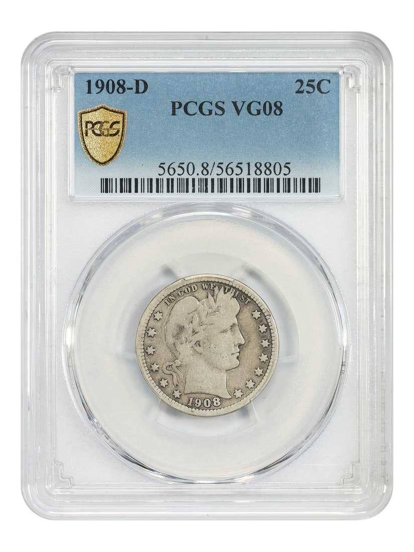PCGS VG08 1908-D Denver Barber Quarter 25C: PCGS VG08 1908-D Denver Barber Quarter 25C This is a 1908-D Barber Quarter graded VG08 by PCGS. The coin is circulated and originates from the Denver mint. It belongs to the Barber Quarter series and 