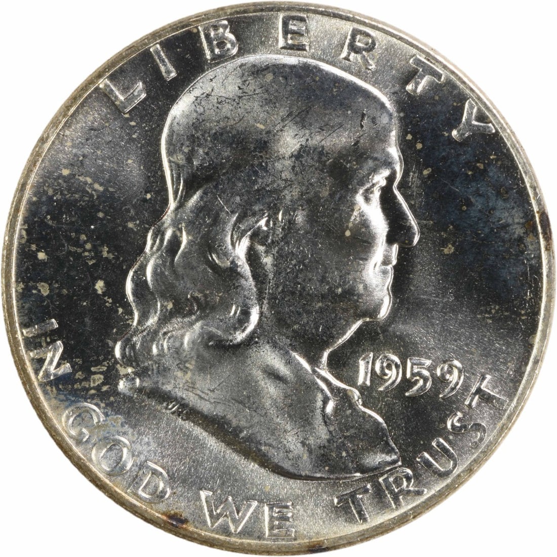 1959 Denver Franklin Half Dollar Silver Uncirculated Choice BU Plus Uncertified: 1959 Denver Franklin Half Dollar Silver Uncirculated Choice BU Plus Uncertified This 1959-D Franklin Silver Half Dollar is a Choice Brilliant Uncirculated (BU+) coin from the Denver Mint. Uncertified 