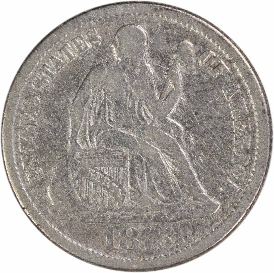 Carson City 1875 Seated Liberty Dime Fine Grade Uncertified Silver Coin: Carson City 1875 Seated Liberty Dime Fine Grade Uncertified Silver Coin This is an 1875-CC Liberty Seated Silver Dime featuring the 'Above Bow' variety. Struck at the Carson City Mint, this circulated