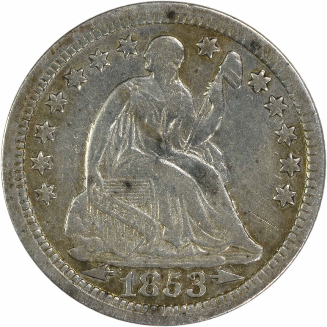1853 Liberty Seated Half Dime 90% Silver Uncertified: 1853 Liberty Seated Half Dime 90% Silver Uncertified This 1853 Liberty Seated Silver Half Dime is a remarkable piece of American numismatic history. Struck at the Philadelphia mint, this coin features