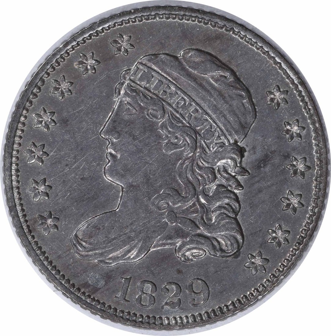 1829 Capped Bust Silver Half Dime BU Uncertified: 1829 Capped Bust Silver Half Dime BU Uncertified This 1829 Capped Bust Half Dime is composed of silver and features the classic profile design with 'LIBERTY' above the head, surrounded by stars. The c