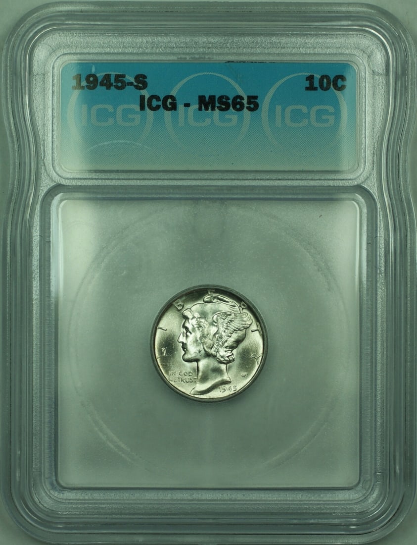 ICG MS-65 1945-S Silver 10 Cent Mercury Dime San Francisco Mint: ICG MS-65 1945-S Silver 10 Cent Mercury Dime San Francisco Mint This is a 1945-S Mercury silver dime from the United States, featuring a denomination of 10 cents. The coin is composed of 90% silver, m