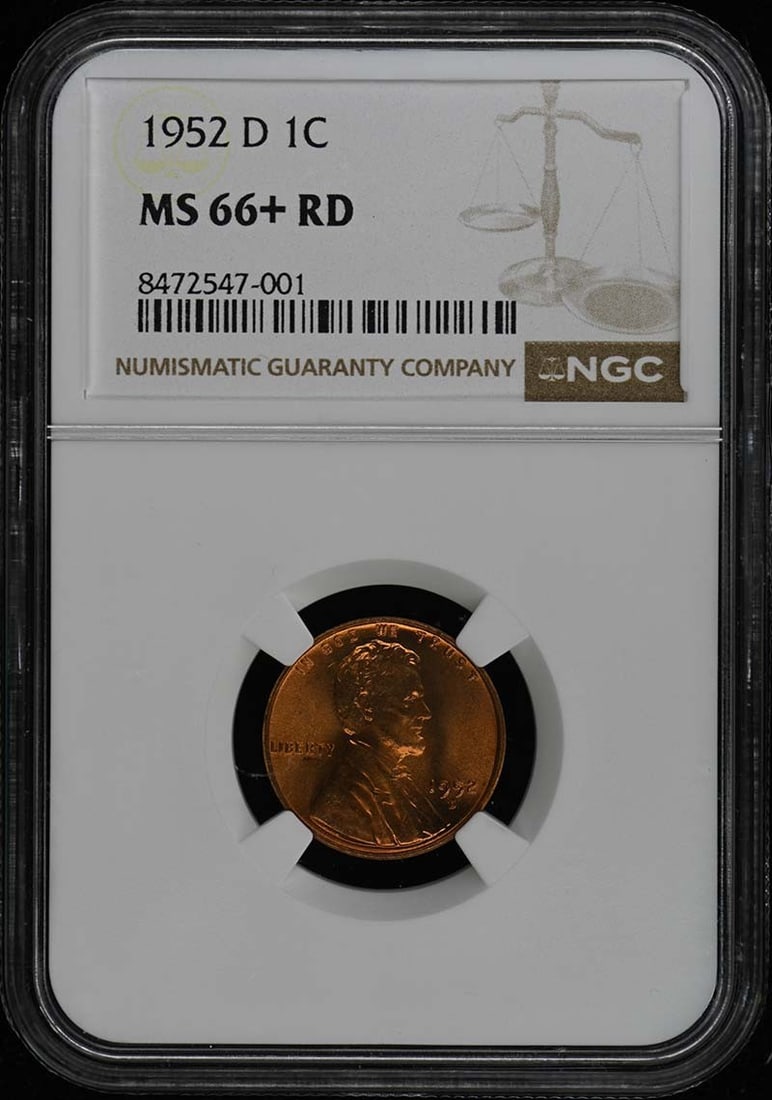 1952-D Lincoln Cent NGC MS66+ Red Uncirculated Coin: 1952-D Lincoln Cent NGC MS66+ Red Uncirculated Coin This 1952-D Wheat Reverse Lincoln Cent is a remarkable find for any coin collector. Graded MS66+ by NGC, this uncirculated coin showcases a stunning