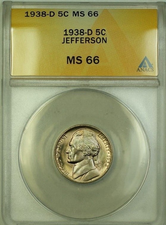 ANACS MS-66 1938-D Denver Jefferson 5 Cent Uncirculated Nickel: ANACS MS-66 1938-D Denver Jefferson 5 Cent Uncirculated Nickel This 1938-D Jefferson Nickel is a 5-cent coin minted in Denver and certified by ANACS with a grade of MS-66. The coin is uncirculated and