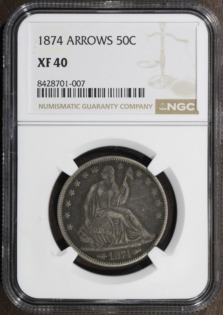 1874 Seated Liberty Half Dollar NGC XF40 Arrows: 1874 Seated Liberty Half Dollar NGC XF40 Arrows This 1874 Seated Liberty Half Dollar features the 'With Arrows' variety and has been professionally graded XF40 (Extra Fine) by NGC. Composed of 90% sil