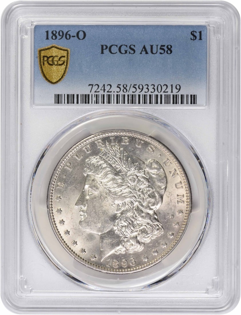 PCGS AU58 1896 O Morgan Dollar: PCGS AU58 1896 O Morgan Dollar This 1896-O Morgan Silver Dollar is graded AU58 by PCGS. Minted in New Orleans, it is composed of 90% silver and 10% copper. The coin features the classic design by Geor