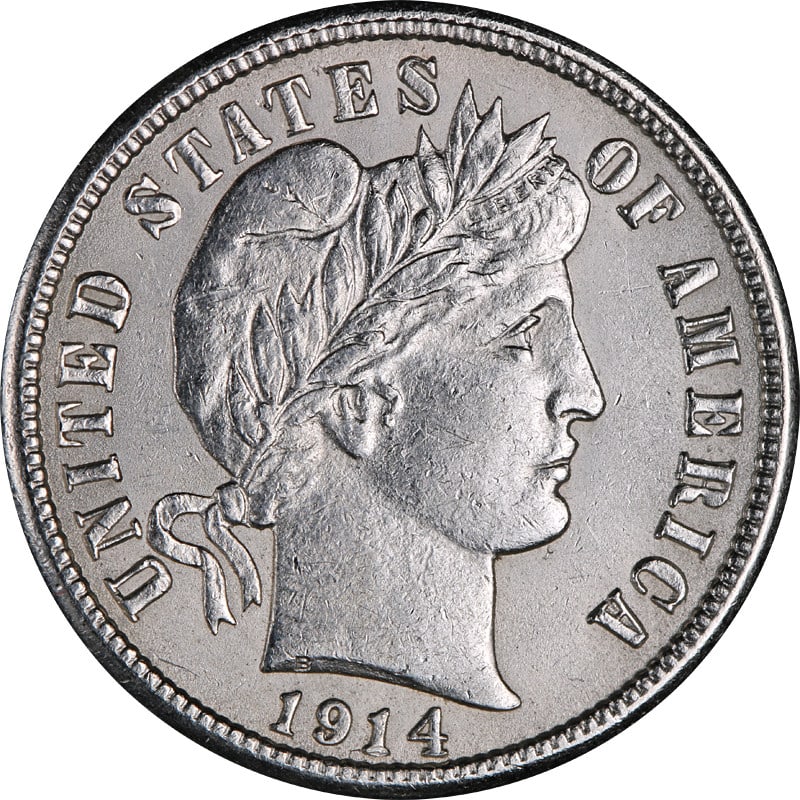 1914 Silver Dime Philadelphia Mint Barber Series Coin: 1914 Silver Dime Philadelphia Mint Barber Series Coin This is a 1914 Barber Dime minted in Philadelphia, composed of silver. The coin is circulated and uncertified, originating from the United States.
